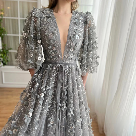 Customize Gray Sequins 3D Flowers Lace robes de soirée V Neck Sash Prom Dresses Floor-Length Short Sleeves Wedding Dress