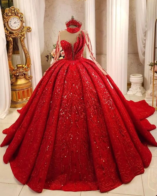 Red Ball Gown Wedding Dresses Beaded Crystals Pearls Lace Bridal Gowns Big Size Sweep Train Vestidos De Novia Colour Customized