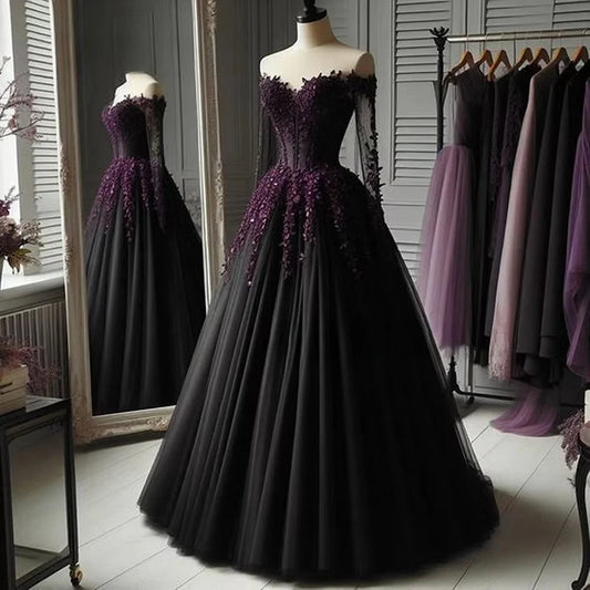 Custom Gothic A Line Black Wedding Dresses Off Shoulder Long Sleeves Pleats Tulle Bridal Gown Grape Lace Appliques Corset Robe