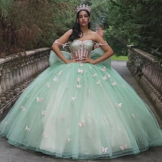 Shiny Sage Lace Puffy Princess Quinceanera Dresses Off The Shoulder Lace-up Bow Beads Corset Chapel Train Sweet 15 vestidos de