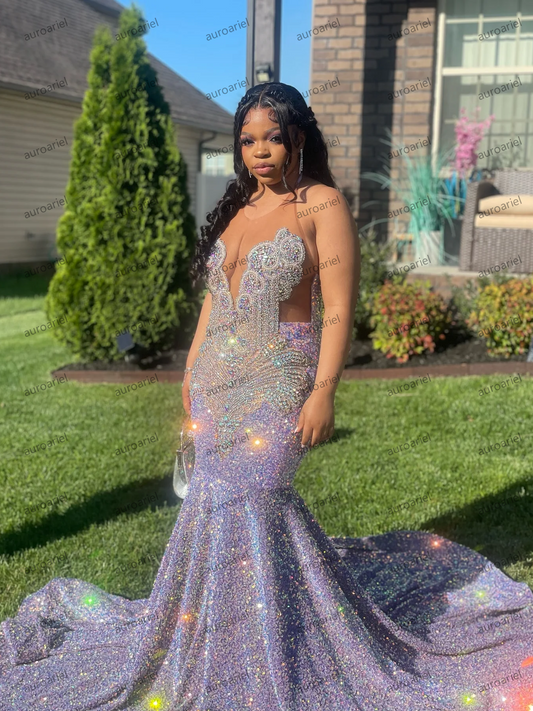 Sparkly Sequin Crystal Prom Dresses Long for Black Women Beading Sequin Mermaid Formal Evening Gowns