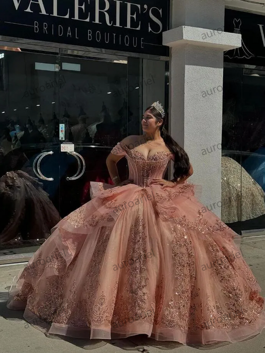 Blush Pink Sparkly Princess Quinceanera Dresses Off Shoulder Gillter Applique Ruffles Lace-up Corset Prom