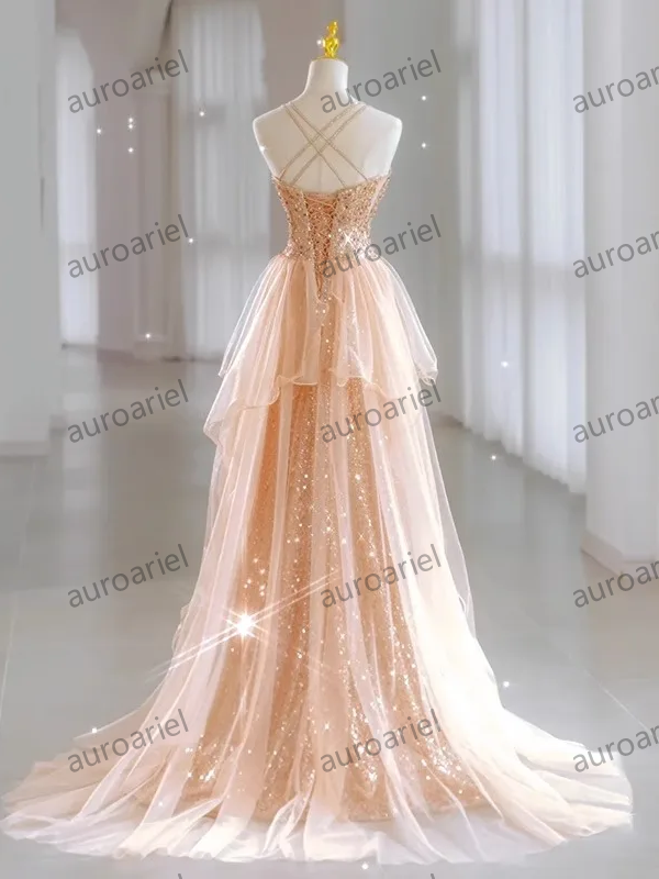 Sequined Elegant Wedding Party Dresses Slim Waist Sling Prom Dress Luxury Shinny Mesh