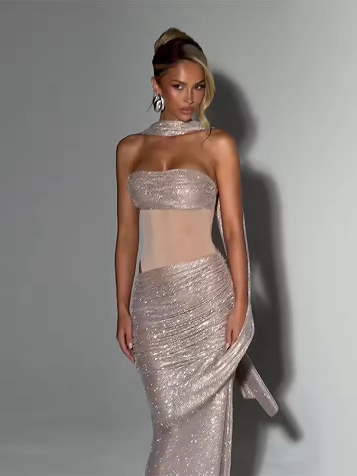 Sequins Off-Shoulder Dress Women Cinch Waist Sheer Ribbon Pleated Long Sleeve Dress Female Vintage Backless Party Ladies Dresses