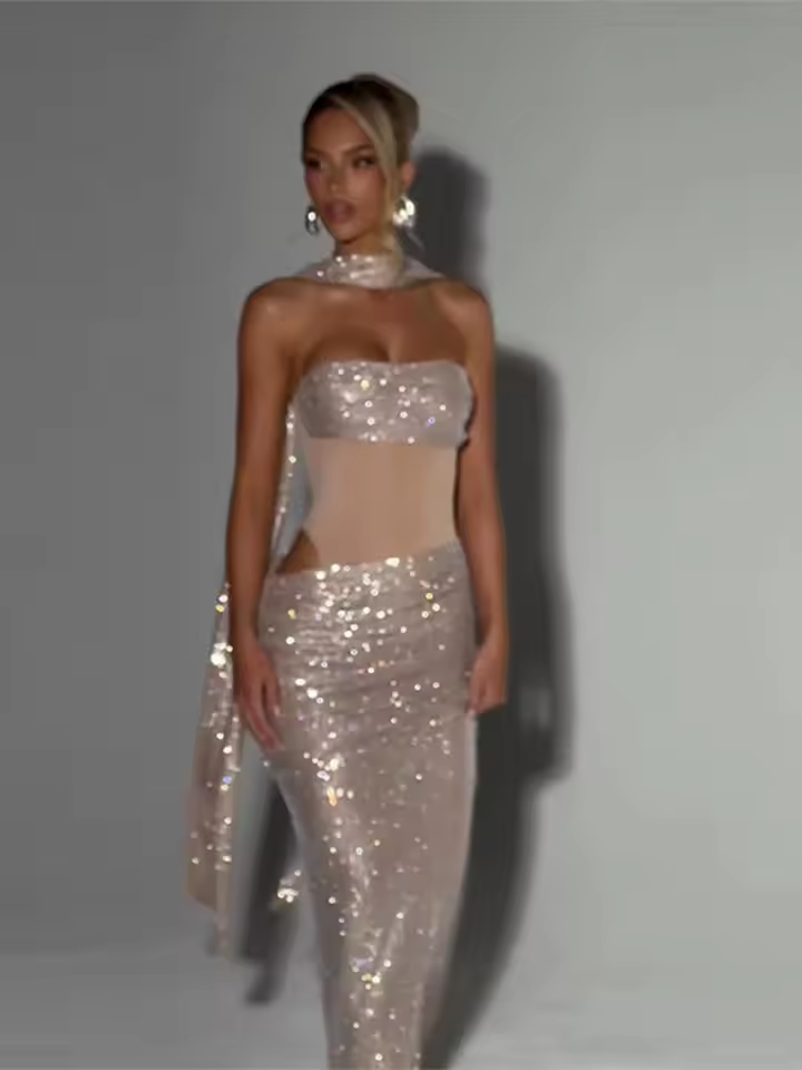 Sequins Off-Shoulder Dress Women Cinch Waist Sheer Ribbon Pleated Long Sleeve Dress Female Vintage Backless Party Ladies Dresses