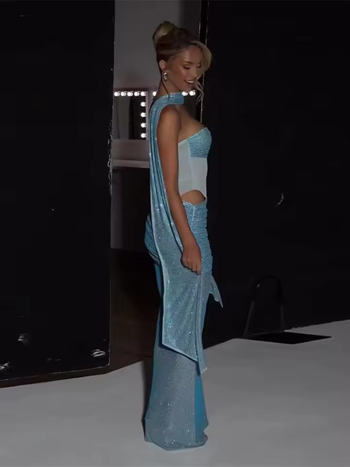 Sequins Off-Shoulder Dress Women Cinch Waist Sheer Ribbon Pleated Long Sleeve Dress Female Vintage Backless Party Ladies Dresses