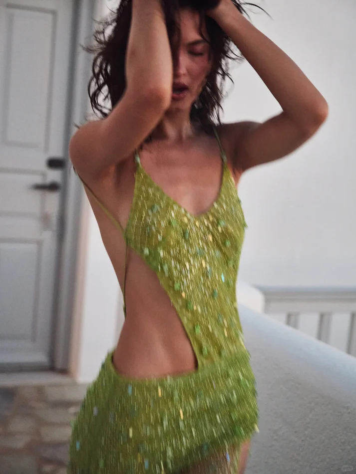 Sexy Green Sheath Spaghetti Strap Beaded Tulle Prom Dress Evening Dress with Slit