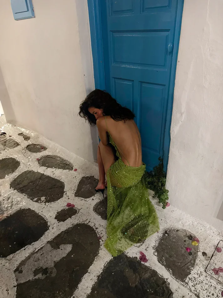 Sexy Green Sheath Spaghetti Strap Beaded Tulle Prom Dress Evening Dress with Slit