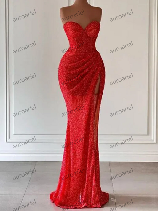 Strapless Sleeveless Evening Dresses Popular Slim Fit Mermaid Gown Wedding Party Dress Sexy Split Sequin Dress