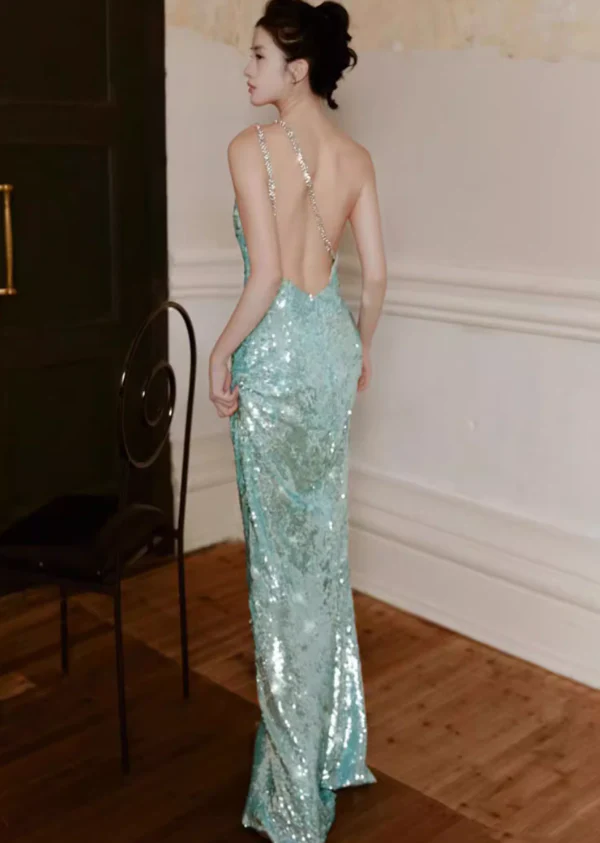 Shiny Blue Sequin One Shoulder Rhinestone Prom Dress Evening Dress Open Back