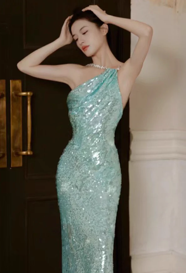 Shiny Blue Sequin One Shoulder Rhinestone Prom Dress Evening Dress Open Back
