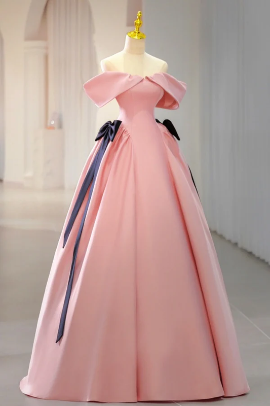Simple A-Line Off Shoulder Sleeveless Pleated Bow Knots Pink Satin Prom Party Dress Evening Formal Gown Birthday Party Dress