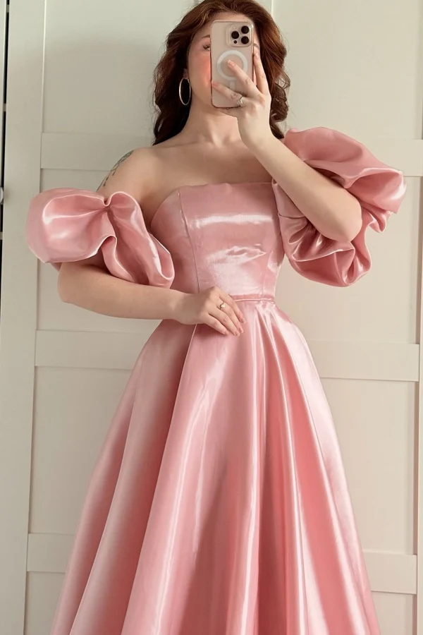 Simple & Casual A-Line Strapless Detachable Puffy Sleeves Prom Party Dress Floor Length Formal Evening Gown