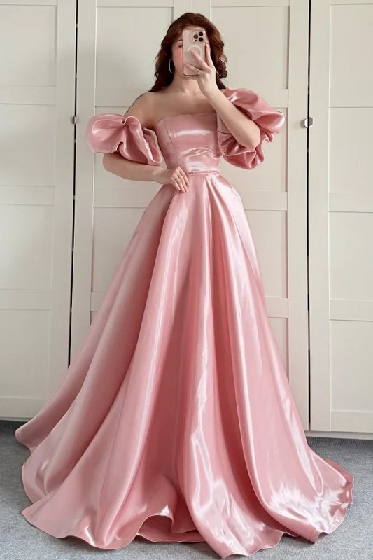 Simple & Casual A-Line Strapless Detachable Puffy Sleeves Prom Party Dress Floor Length Formal Evening Gown
