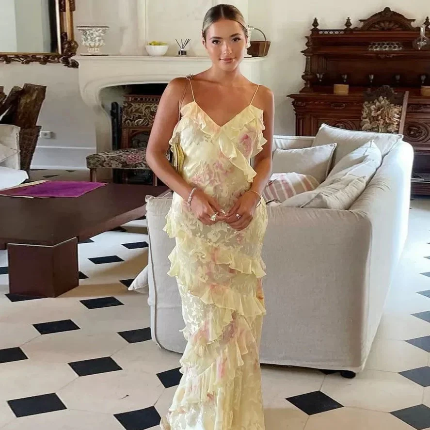 Mermaid Spaghetti Straps Floor Length Floral Yellow Chiffon Evening Dress Prom Dresses