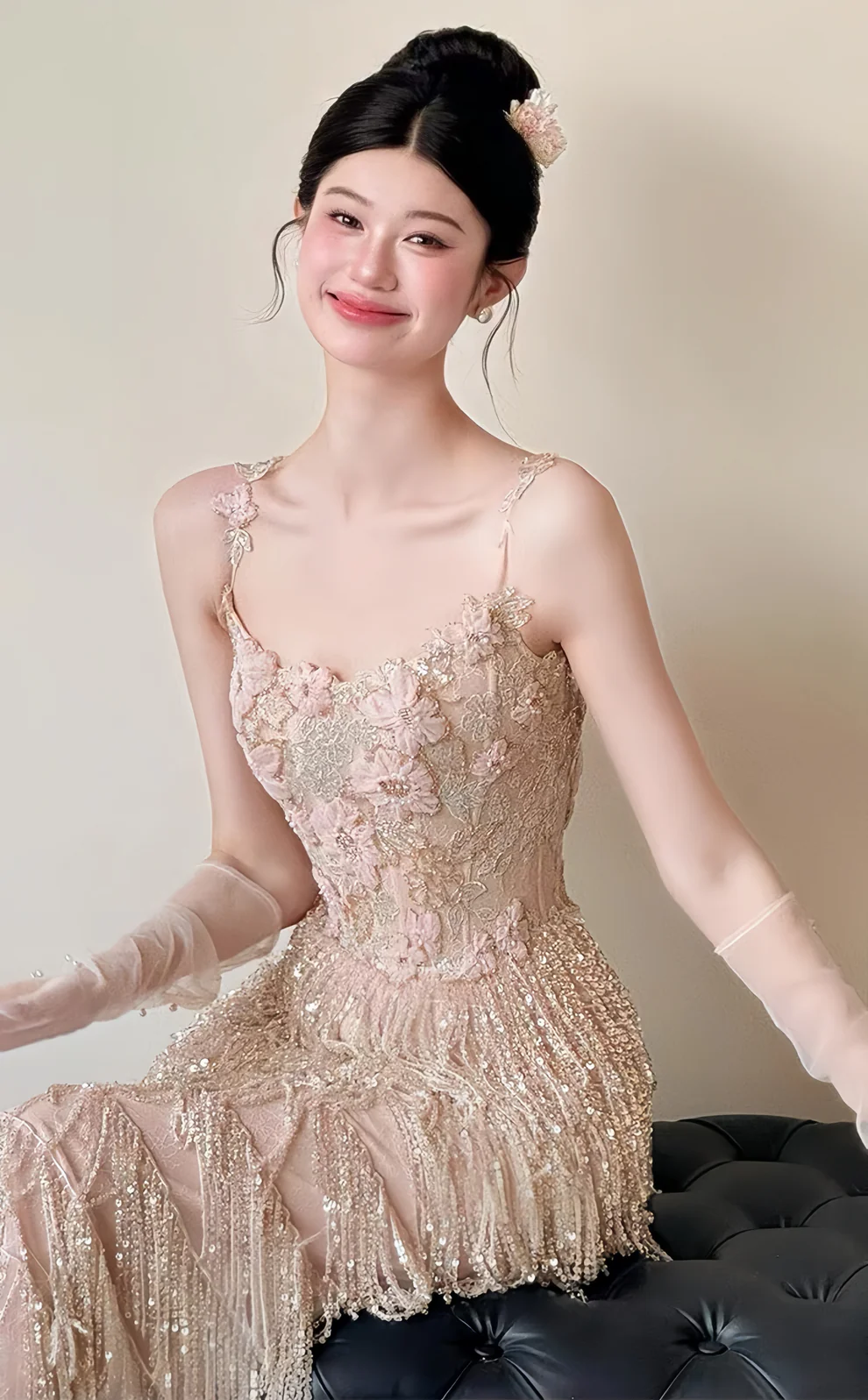 Sparkle Appliques Sheath Prom Dresses Tassel Night Dance Dress