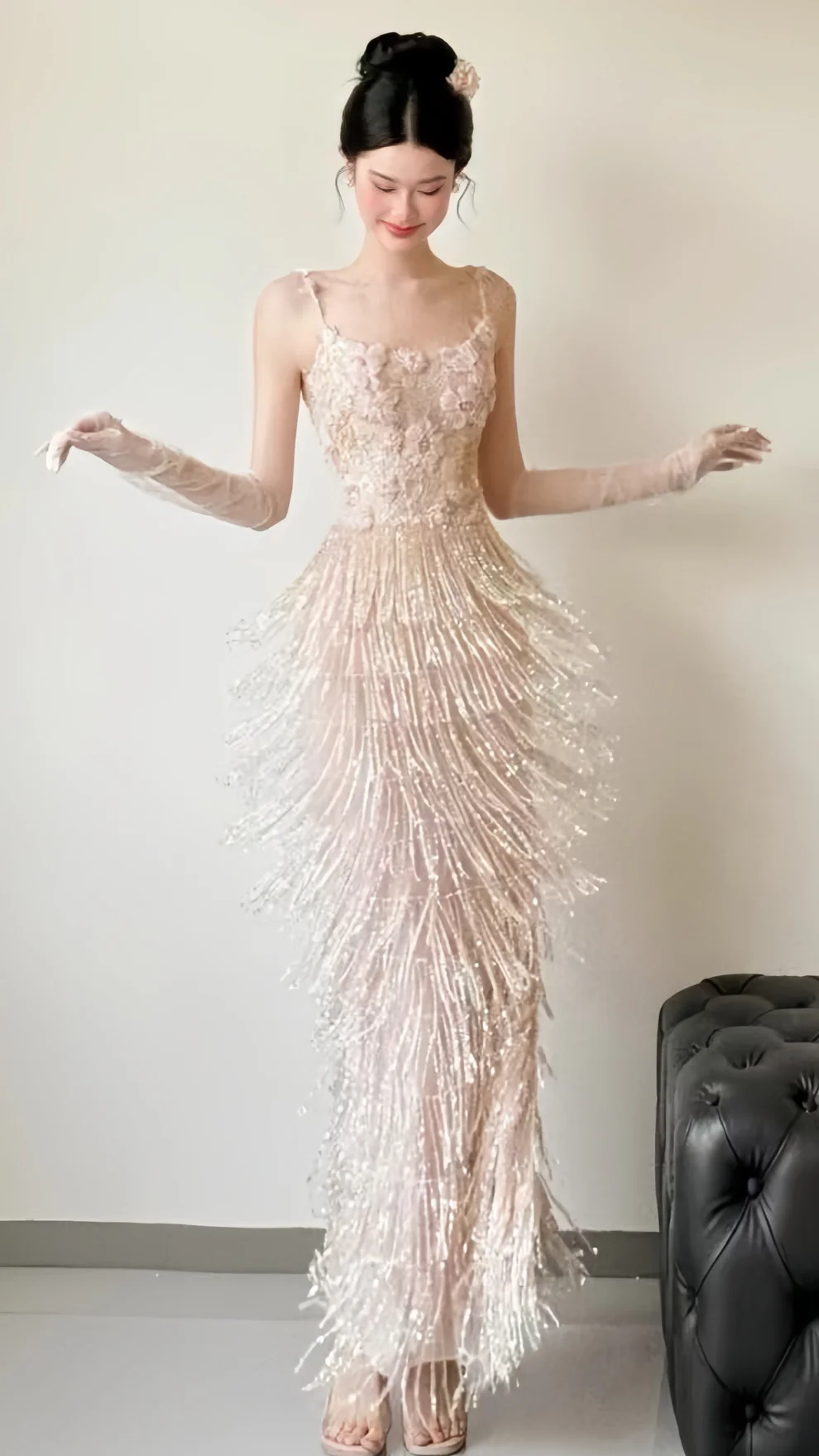 Sparkle Appliques Sheath Prom Dresses Tassel Night Dance Dress