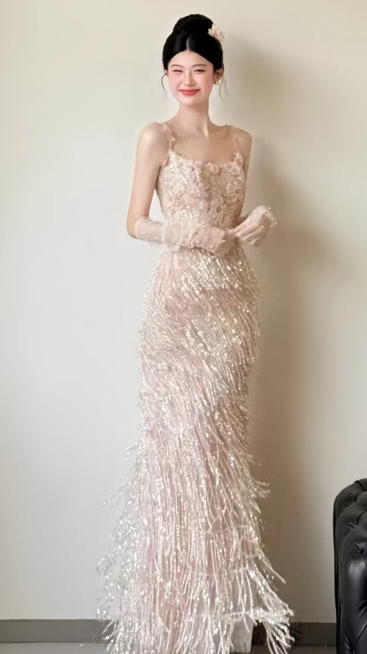 Sparkle Appliques Sheath Prom Dresses Tassel Night Dance Dress