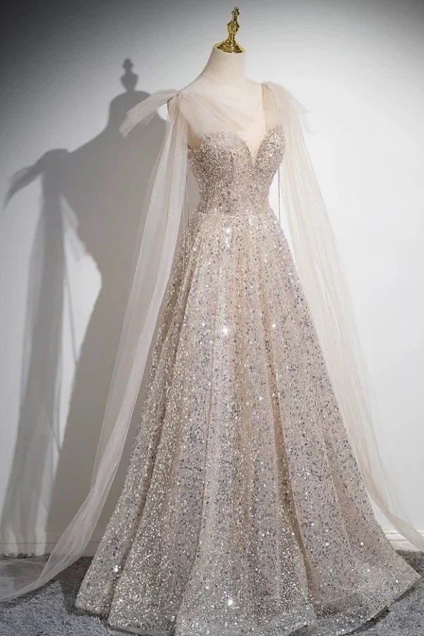 Sparkly A-Line Sweetheart Neck Straps Sleeveless Fully Sequins Floor Length Prom Party Dress Evening Formal Gown Birthday Party Gown