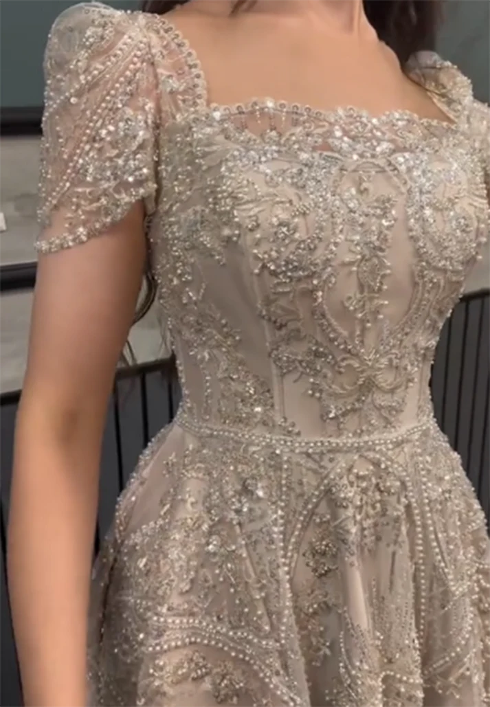 Square Short Sleeves Beaded Embroidery Sparkly A-Line Prom Evening Dress