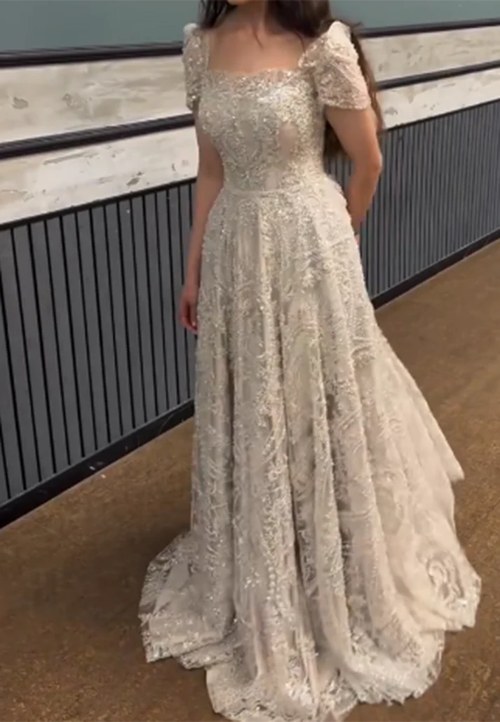 Square Short Sleeves Beaded Embroidery Sparkly A-Line Prom Evening Dress