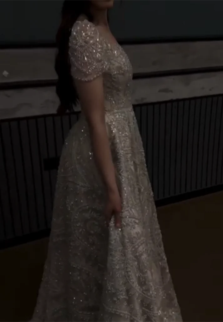 Square Short Sleeves Beaded Embroidery Sparkly A-Line Prom Evening Dress