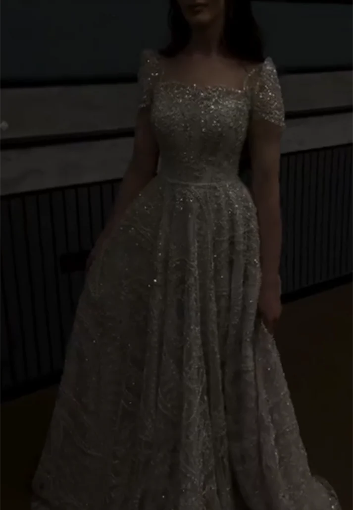 Square Short Sleeves Beaded Embroidery Sparkly A-Line Prom Evening Dress