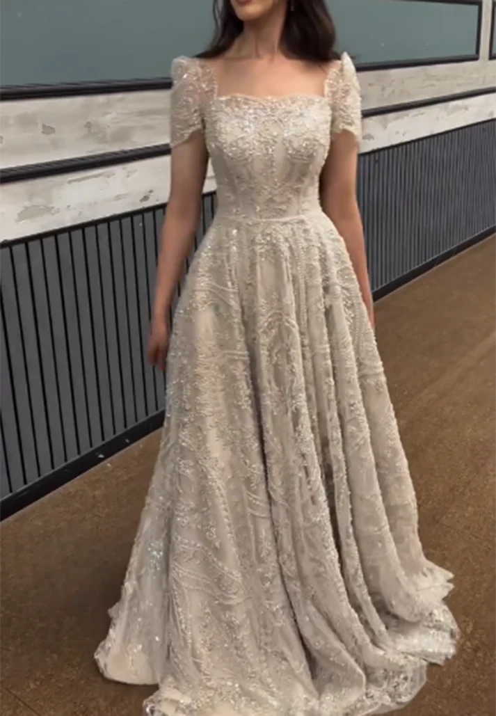 Square Short Sleeves Beaded Embroidery Sparkly A-Line Prom Evening Dress