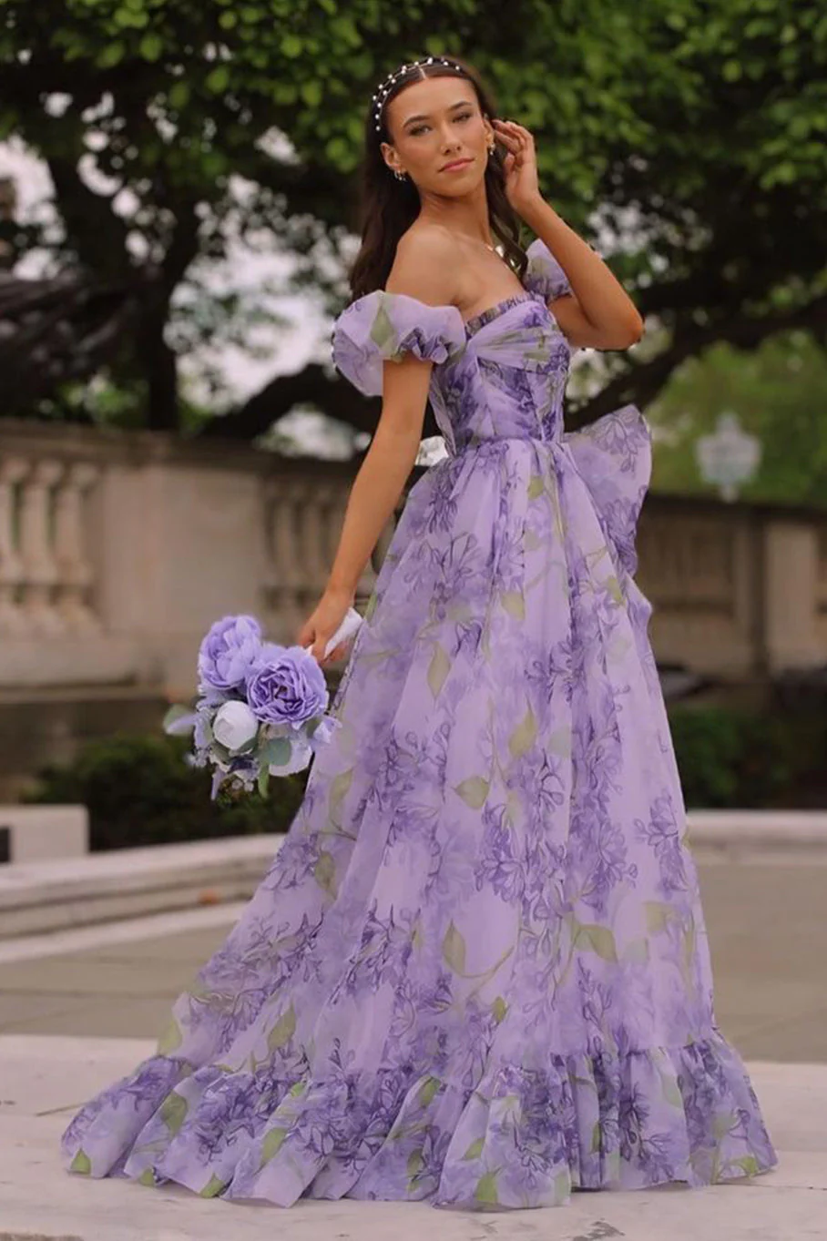 Strapless A-Line Floral Prom Dress With Detachable Sleeves