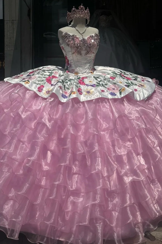 Strapless Beaded Appliques Tulle Tiered Pink Sweet 15 Quinceañera Dress