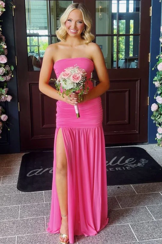 Strapless Pleats Sleeveless High Slit Long Party Prom Dress