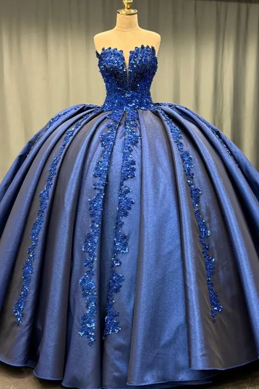 Strapless Sleeveless Sequins Appliques Pleated Navy Quinceanera Dress