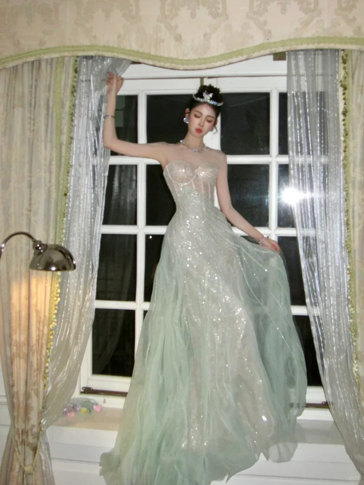Stunning Green A Line Sweetheart Neck Corset Sequin Tulle Prom Dress Evening Dress