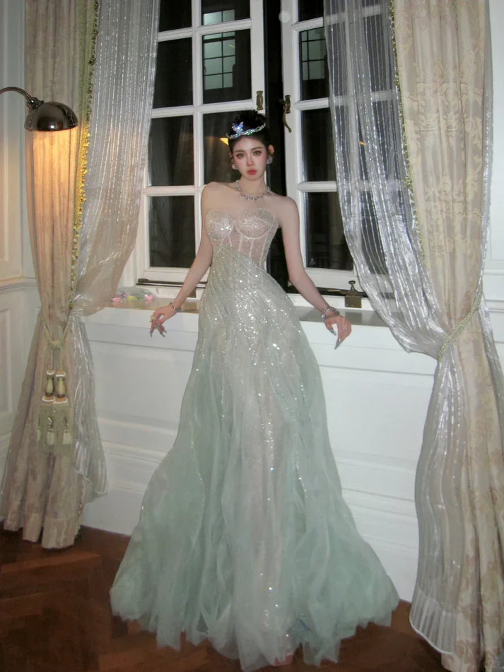 Stunning Green A Line Sweetheart Neck Corset Sequin Tulle Prom Dress Evening Dress