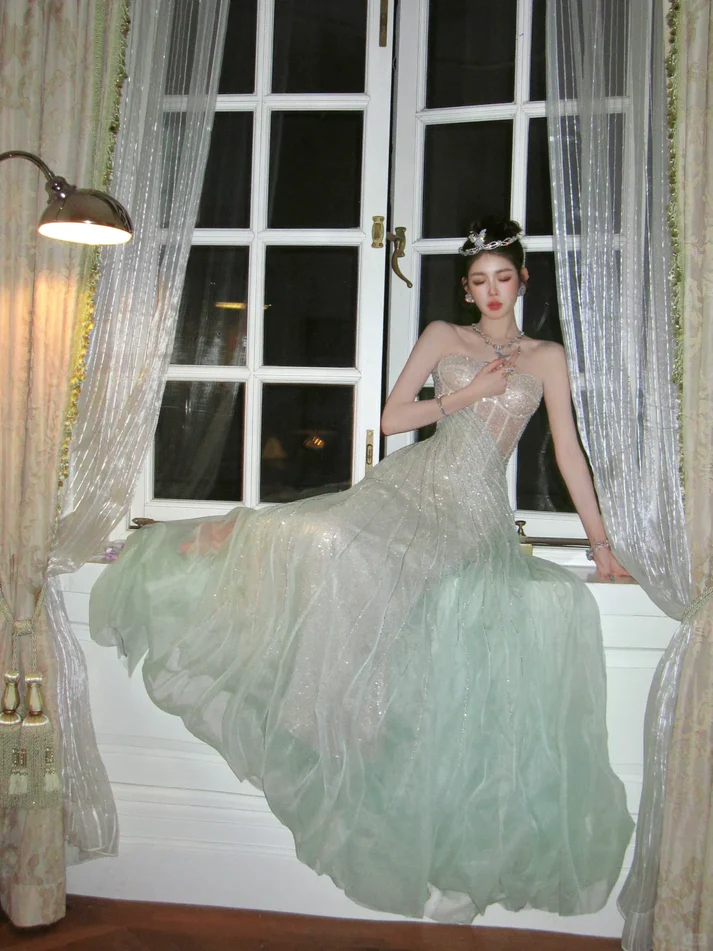 Stunning Green A Line Sweetheart Neck Corset Sequin Tulle Prom Dress Evening Dress