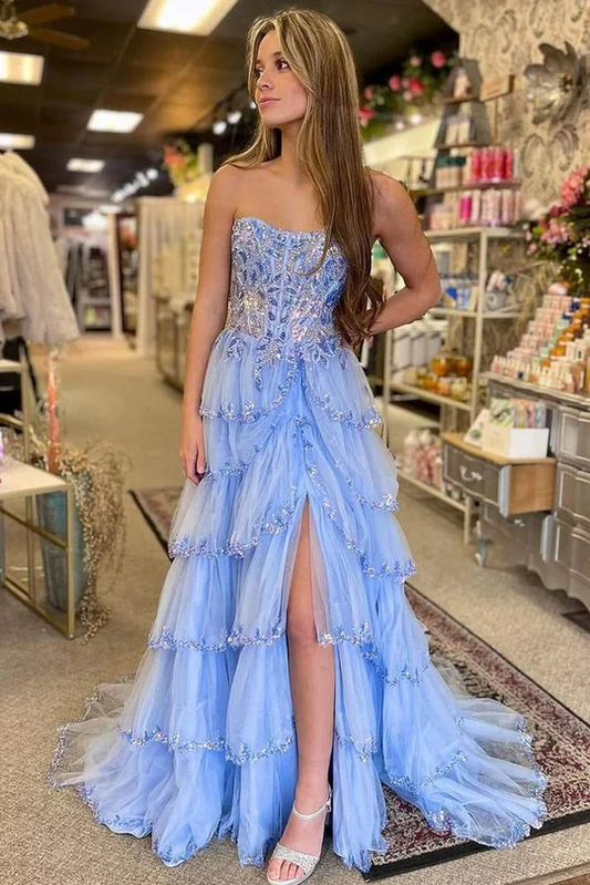Stunning Strapless A-Line Empire-Waist Layered Appliques Prom Dress with Slit
