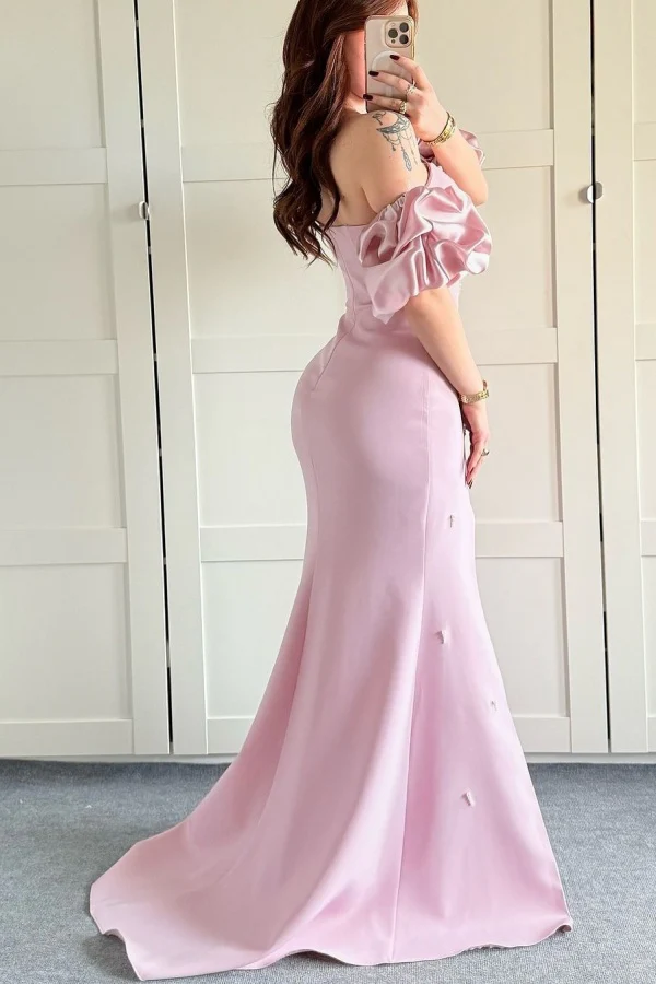 Sweet Sheath Strapless Detachable Lantern Sleeves Pearl Beaded Prom Party Dress High Side Slit and Train Formal Evening Gown