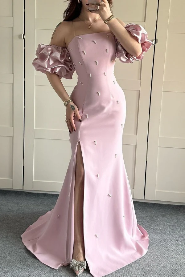 Sweet Sheath Strapless Detachable Lantern Sleeves Pearl Beaded Prom Party Dress High Side Slit and Train Formal Evening Gown