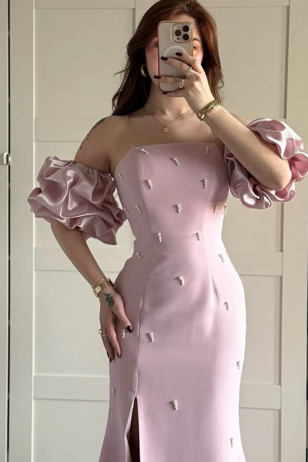 Sweet Sheath Strapless Detachable Lantern Sleeves Pearl Beaded Prom Party Dress High Side Slit and Train Formal Evening Gown