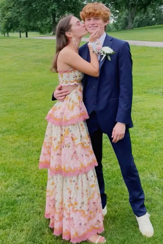 Sweet Spaghetti Straps Print Empire-Waist Tiered Long Prom Dress