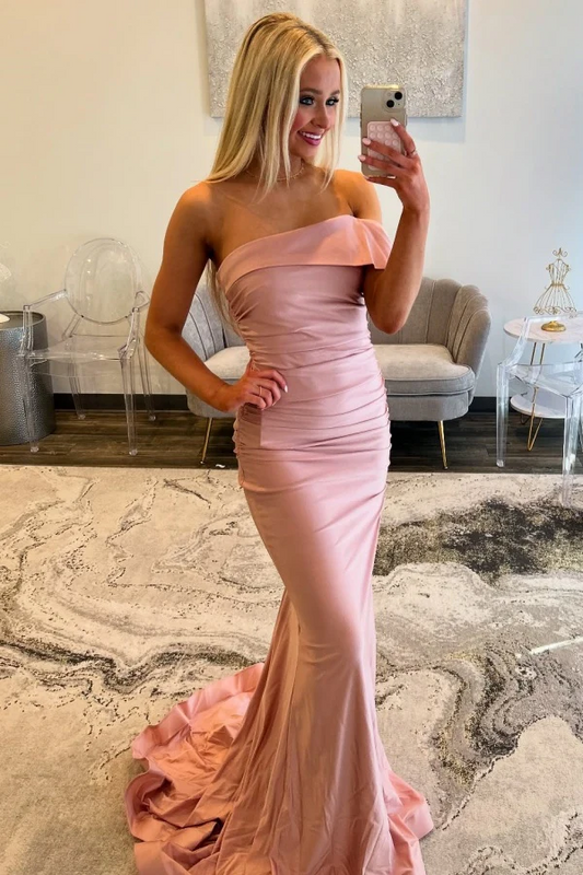 Sweet & Chic Mermaid One Shoulder Sleeveless Pleated Prom Party Dress Formal Evening Gown Bridesmaid Dress with Train