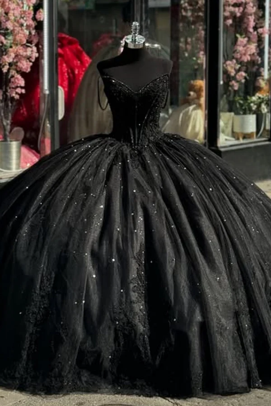 Sweetheart Beaded Sequins Appliques Bow Knot Black Quinceanera Dress for Sweet 16