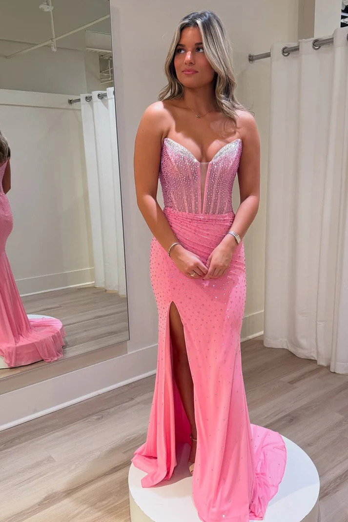 Sweetheart Chiffon Beaded Long Prom Dresses Mermaid Formal Evening Gowns with Slit