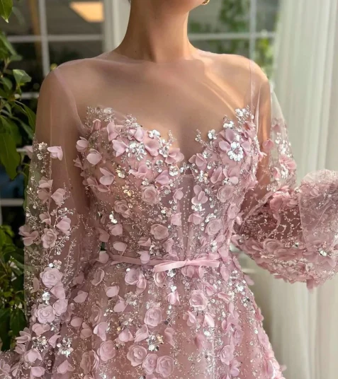 Sweetheart Long-Sleeves Sequined Party Gowns Tulle Floral Prom Dress