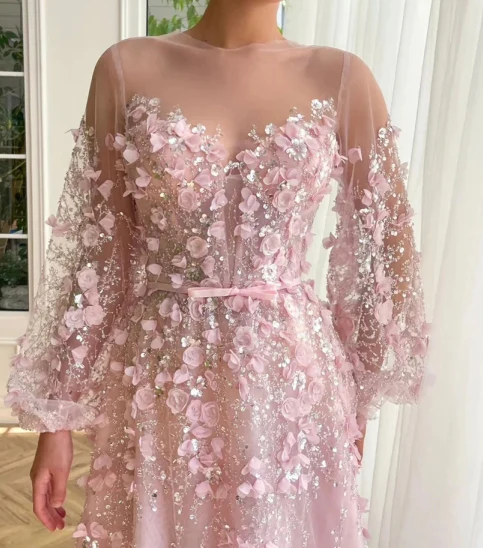 Sweetheart Long-Sleeves Sequined Party Gowns Tulle Floral Prom Dress