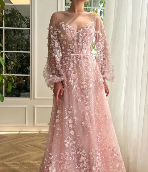 Sweetheart Long-Sleeves Sequined Party Gowns Tulle Floral Prom Dress
