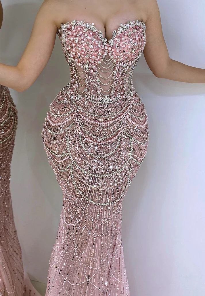 Sweetheart Sleeveless Beaded Pearl Evening Dress Sparkly Mermaid Prom Dress