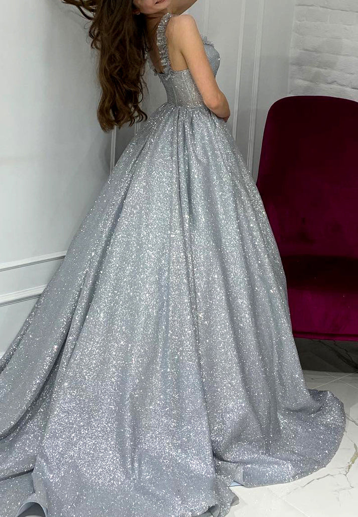 Sweetheart Sleeveless Sparkly Pleated Ball Gown Prom Dress