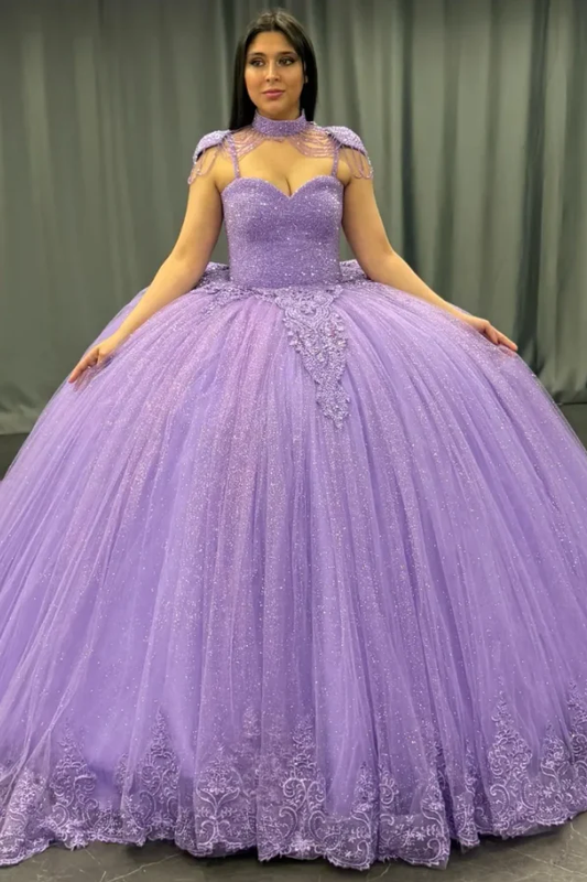 Sweetheart Spaghetti Straps Sleeveless Lilac Sweet 15 Quinceañera Dress with Beaded Appliques