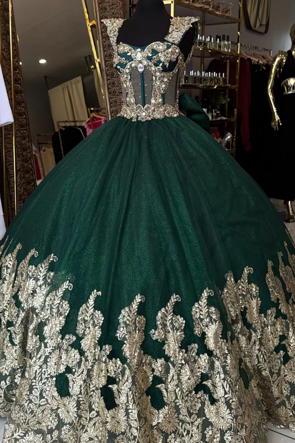 Sweetheart Straps Sleeveless Gold Appliques Bow Knot Dark Green Sweet 15 Quinceañera Dress